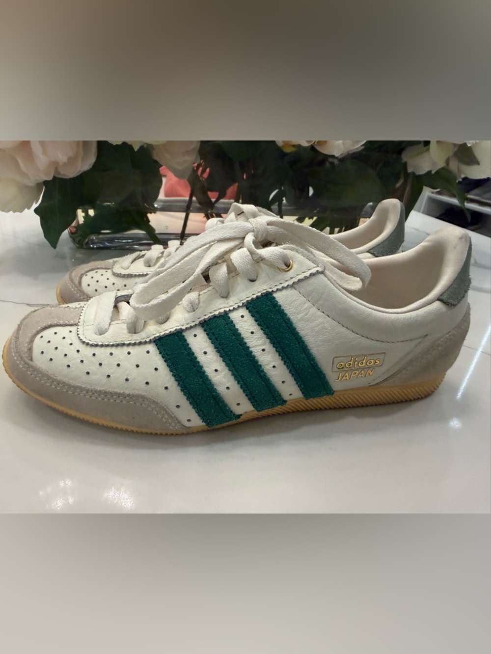 adidas Japan Leather Sneakers in White and Green with Gum Sole - Picture 3 of 6